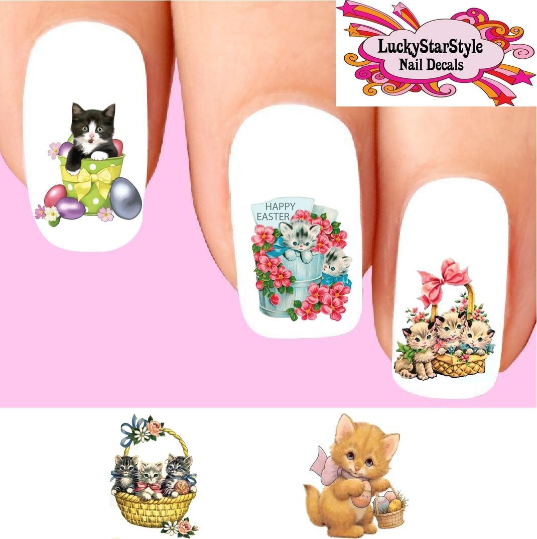 Waterslide Cat Nail Decals Set of 20 – Happy Easter Kitty Basket Eggs Assorted