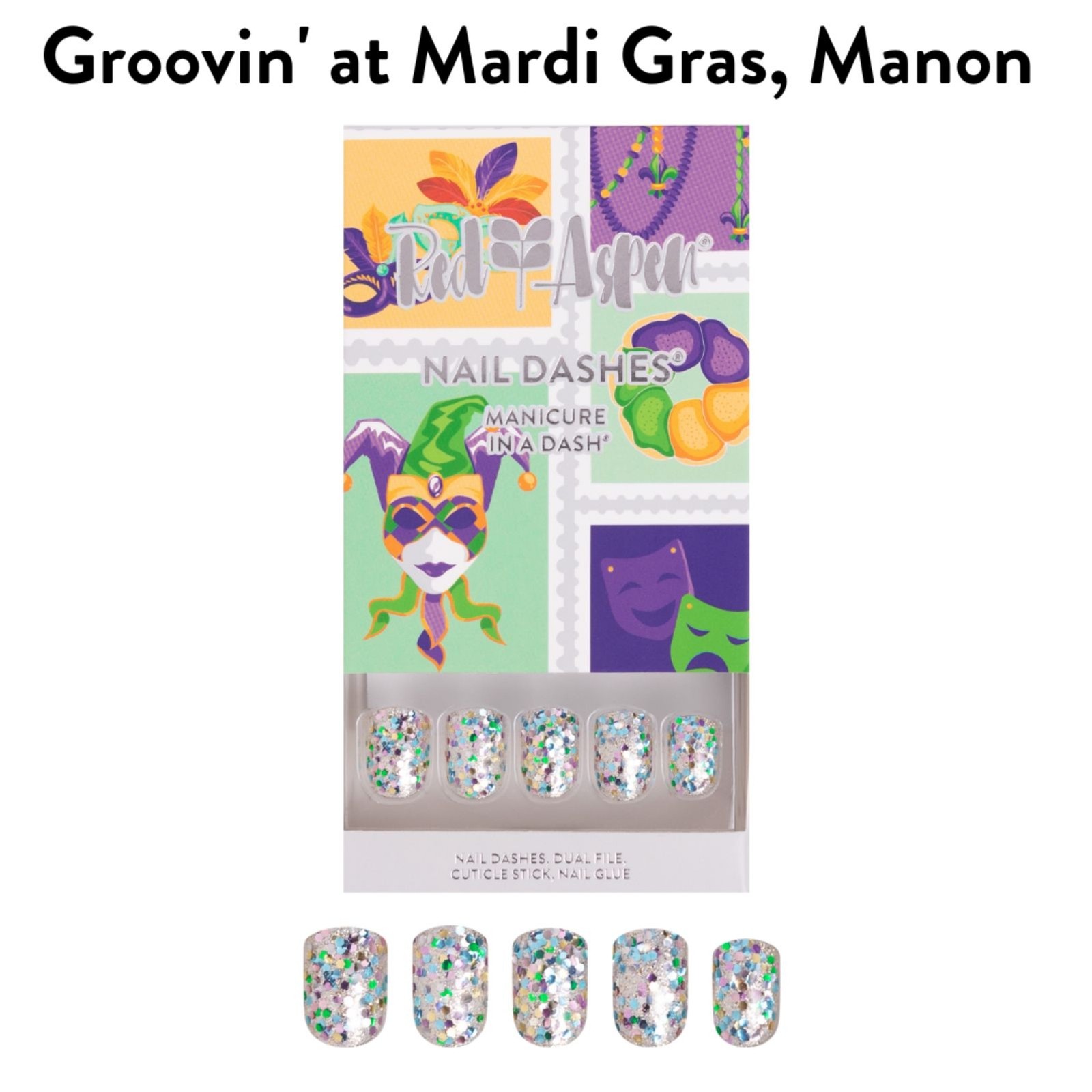 Red Aspen Nail Dashes Groovin’ at Mardi Gras Manon Short Square Glitter Pres NEW