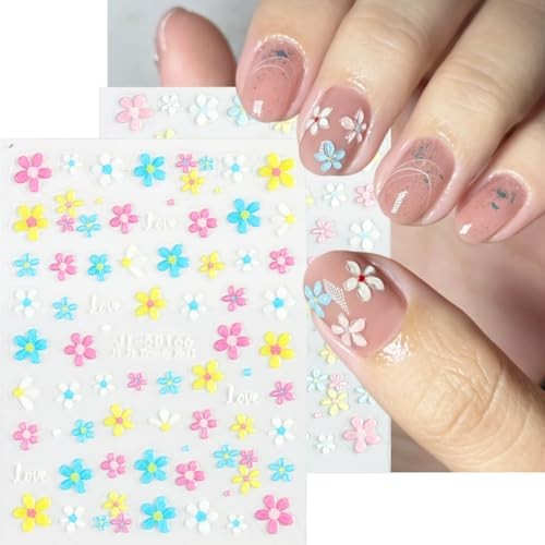 5D Flowers Nail Art Stickers, 5PCS Embossed Pink Blue Flowers Colorful-01
