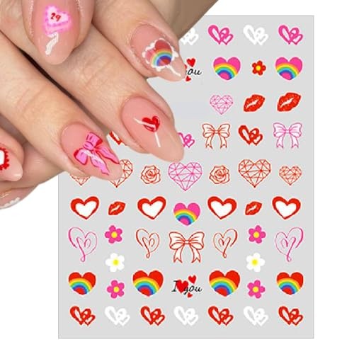 8 Sheets Valentine’s Nail Art Stickers Pink Plaid Nail Decals 3D Self Heart
