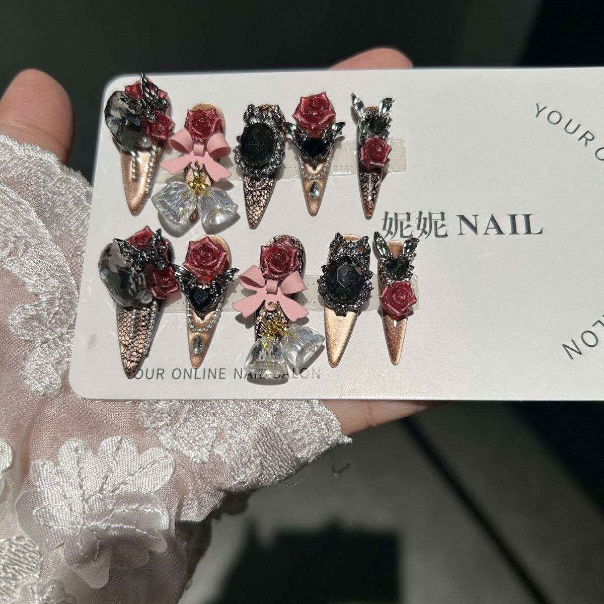 Gothic Cat Eye Rose Press On Nails Dark Handmade Detachable Design