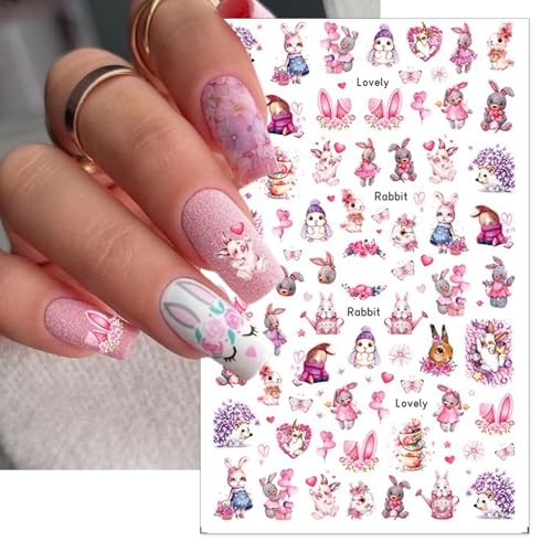 Nail Art Stickers – Pink Bunny Flowers Self-Adhesive 3D Rabbits Nail Easter