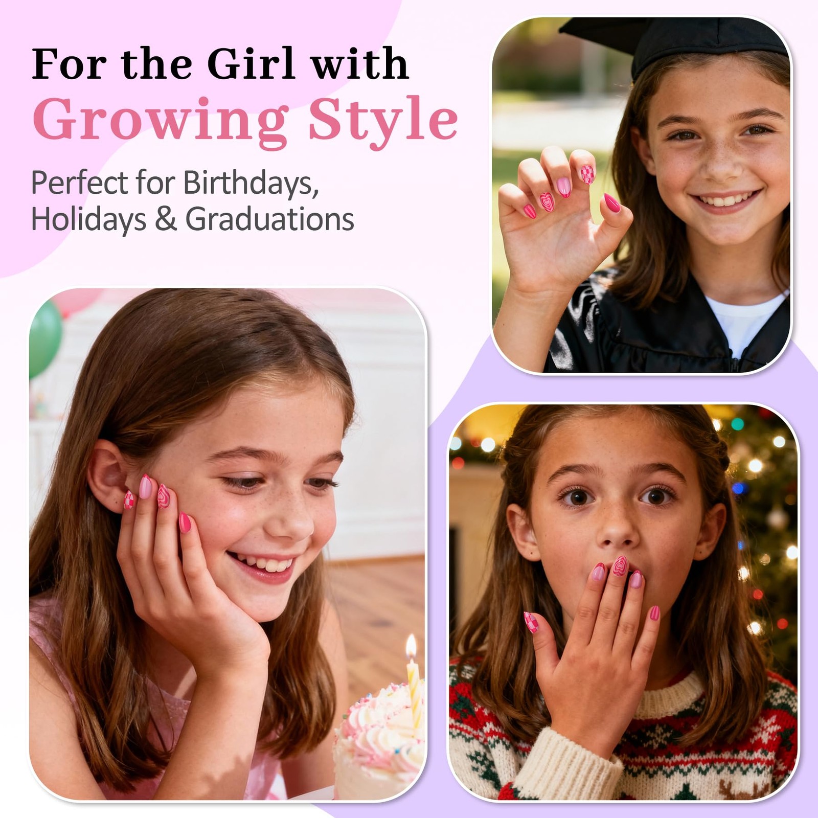 QIEK Rose Pink Grid Kids Press On Nails 1 Pack