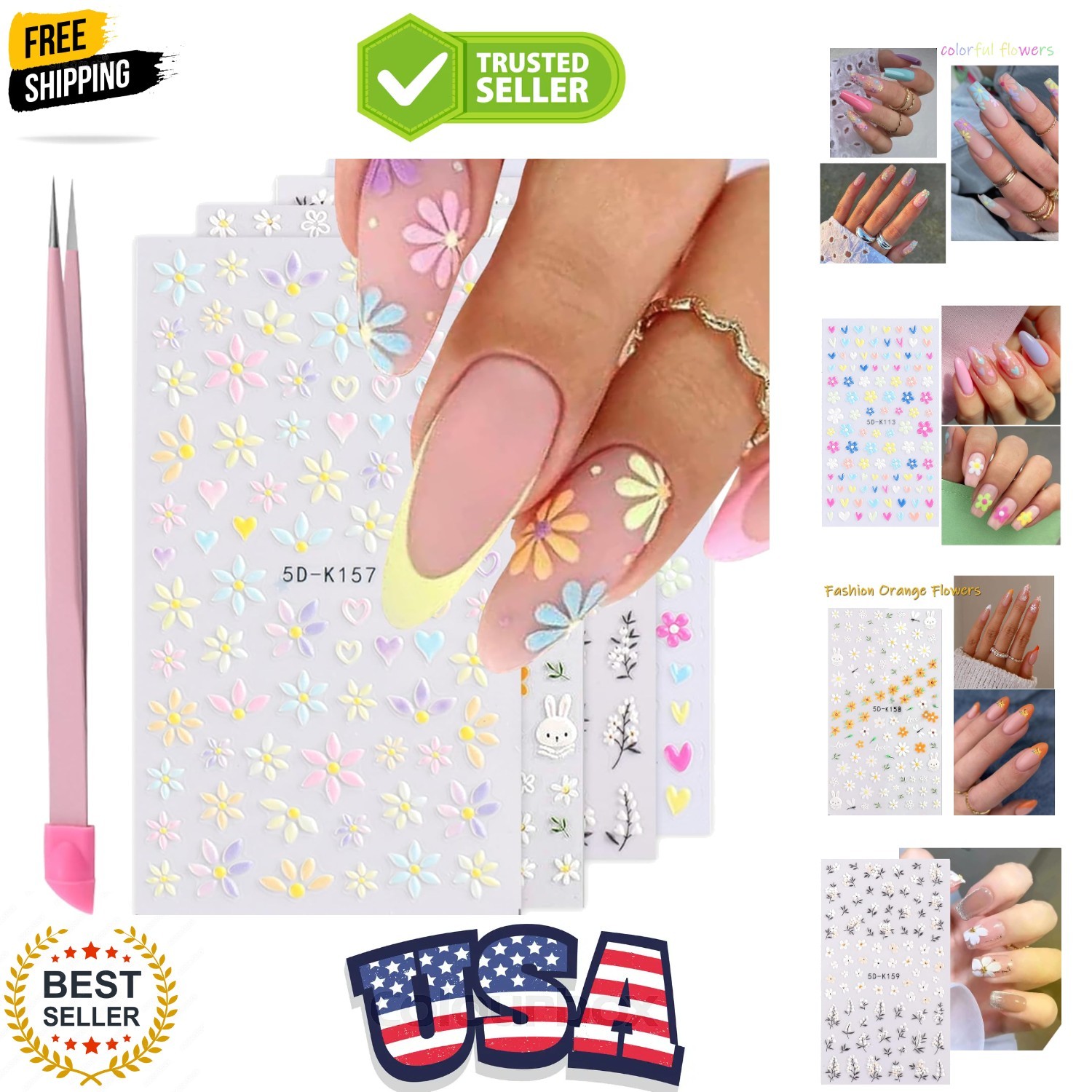 Flower Nail Art Stickers – 5D Embossed, Spring/Summer Daisy Designs, Self-Adh…
