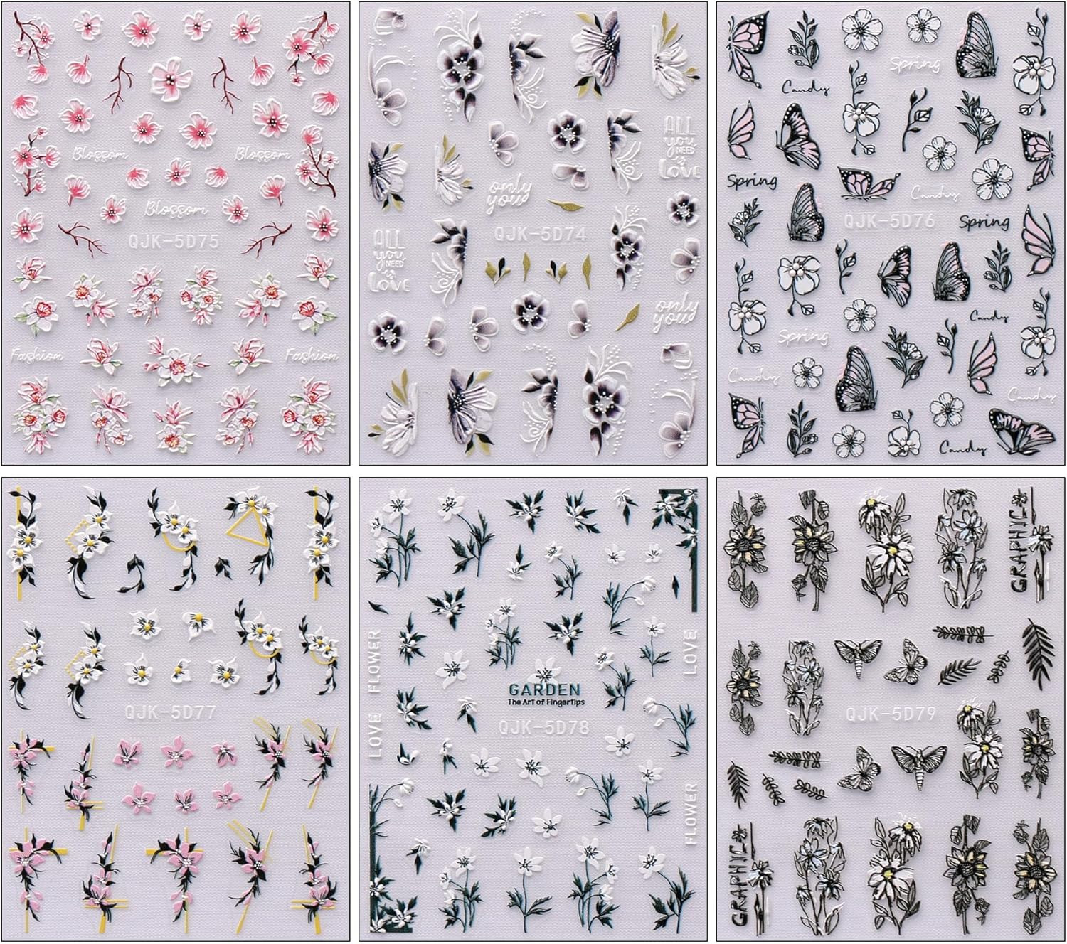 6 Sheets 3D Embossed Spring Flower Nail Art Stickers Decals Self-Adhesive Pegati