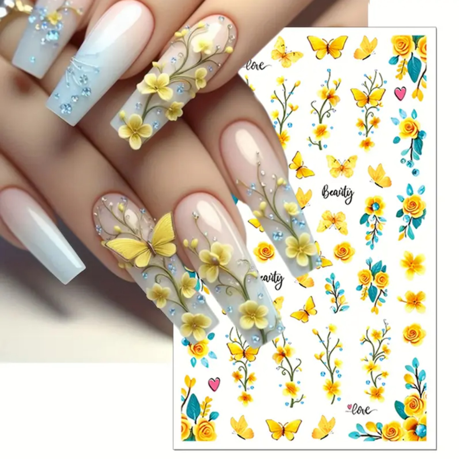 Spring/Summer Yellow Butterfly and Flower Nail Stickers Nail Self-Adhesive Decor
