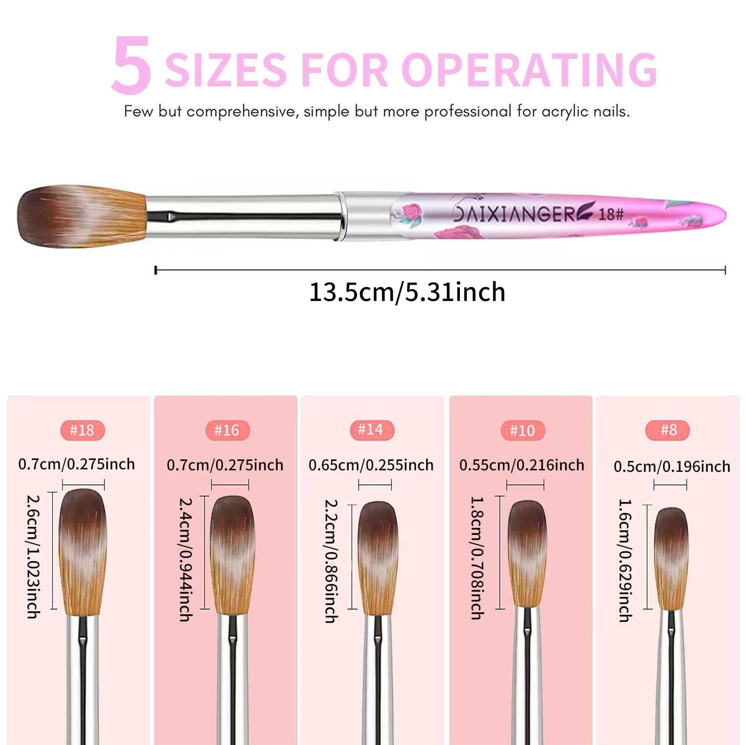 5PCS Acrylic Nail Brush Set – Size 8/10/14/16/18 Brushes for Acrylic Applicat…