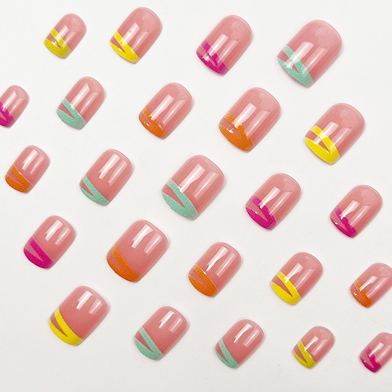 48pcs-Vibrant Matte Press on Nails with Neon French Tips and Modern Line Art