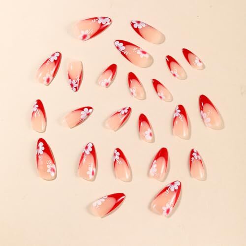 Red French Press on Nails Medium Almond Fake 1 Fl Oz (Pack of 24) Style-25