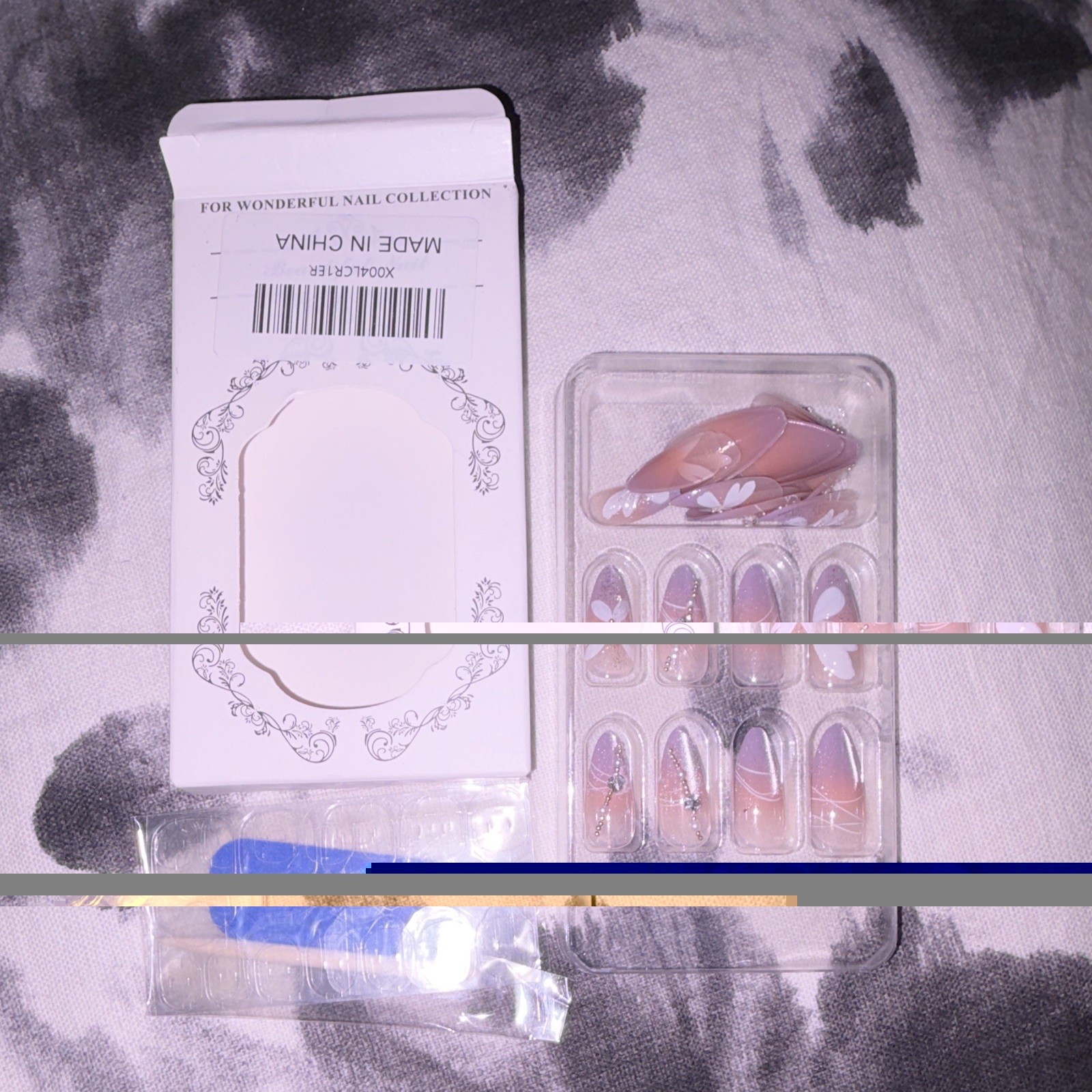 Press-On Nails Pink White Butterfly 3D Medium Almond ABS Plastic Glue Included