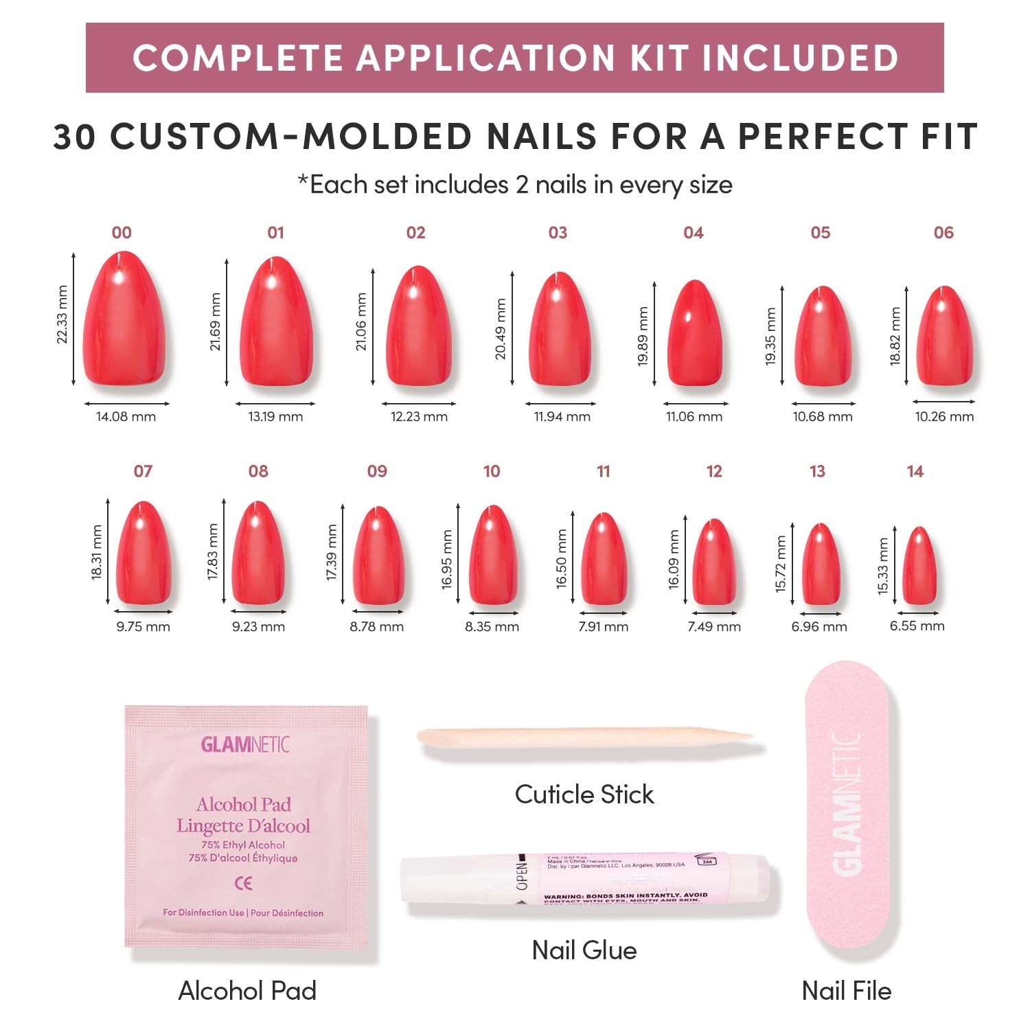 Vibrant Red Almond Press On Nails | Short Fake Nails with Glazed Finish, 30 Kit