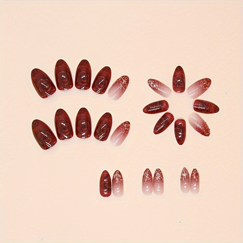 24pcs Vibrant Red Flower Almond False Nails – Glossy Medium-Length Press-Ons