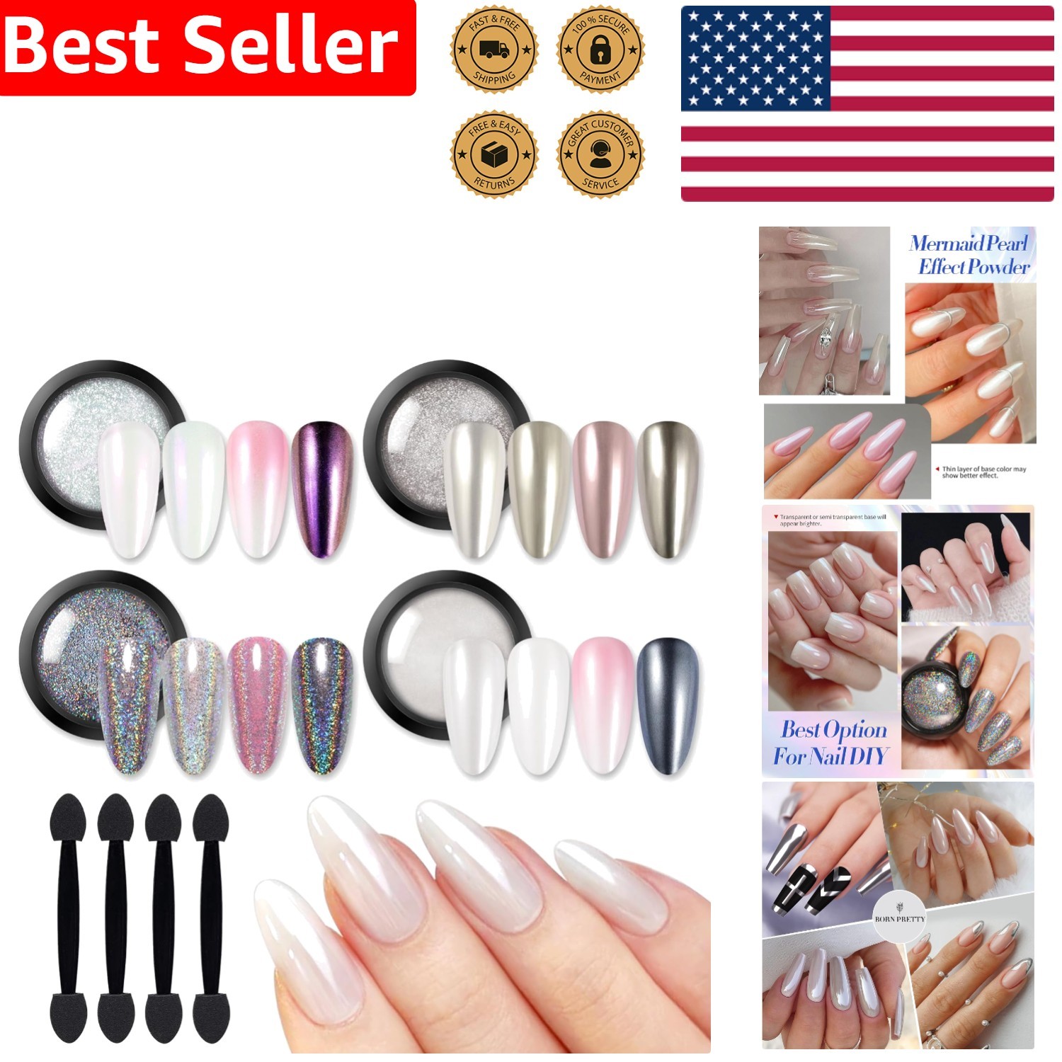 4 Pcs Chrome Nail Powder Set – White Pearl Holographic Nail Art Kit