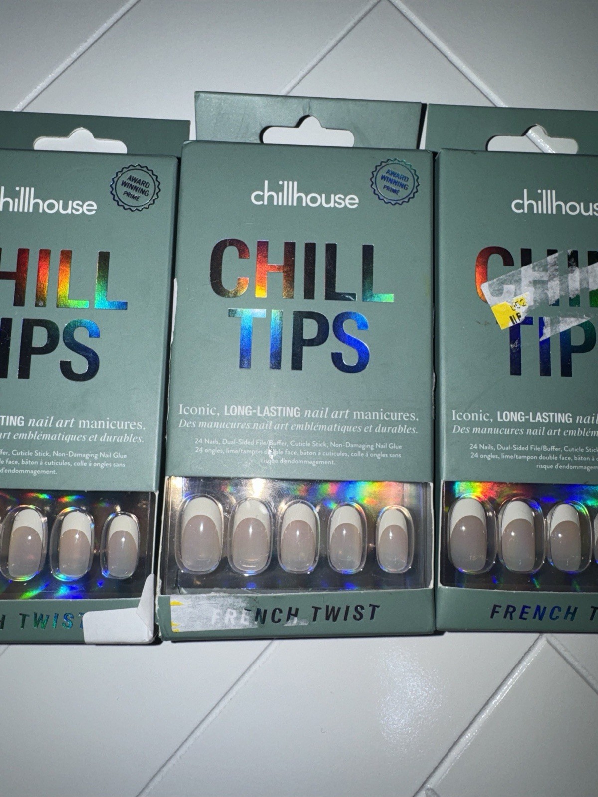 Lot 3 Chillhouse Chill Tips Fake Nails 24 Ct Ea French Twist Tip Natural Oval