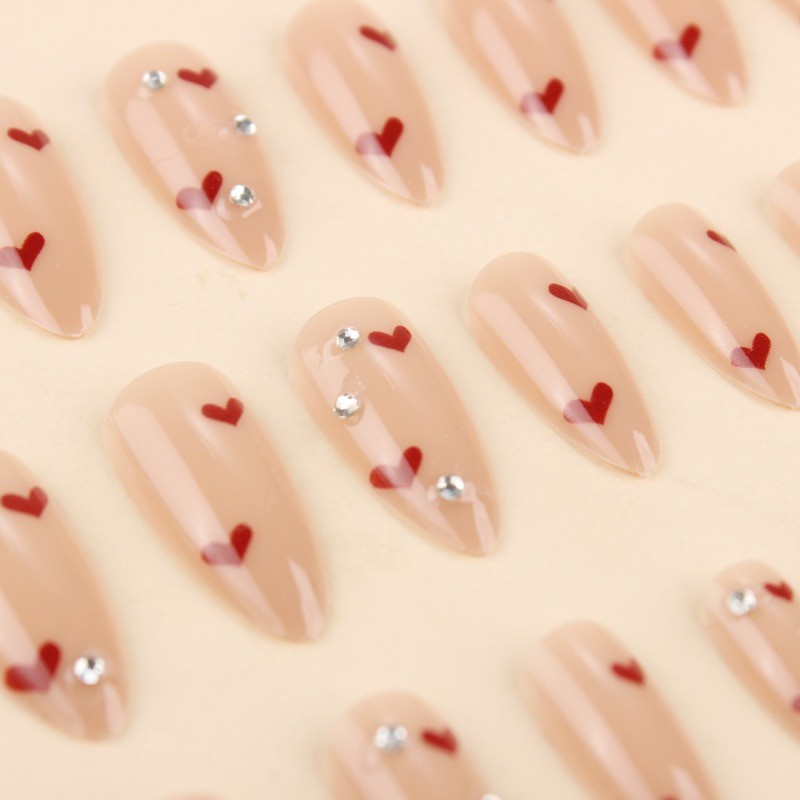 48Pcs-Sweet Oval False Nails Nude Red Heart Clear Rhinestone Press on Nails