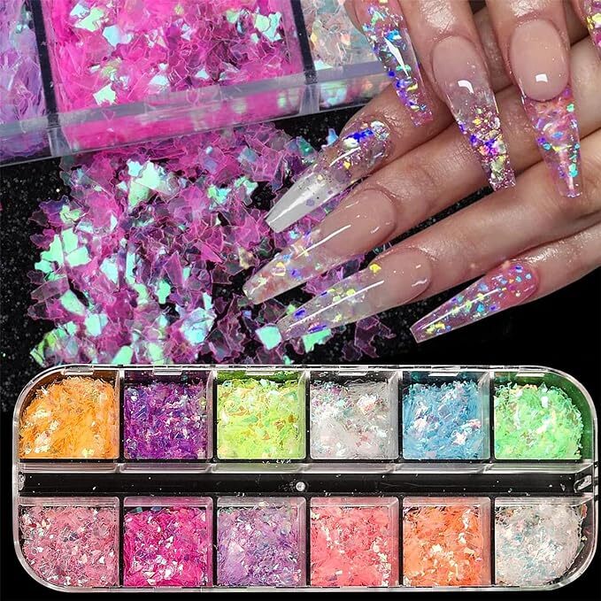 12 Grids Glitter Nail Art Colourful Scattered 3D Decoration Bling Studs Craft UK