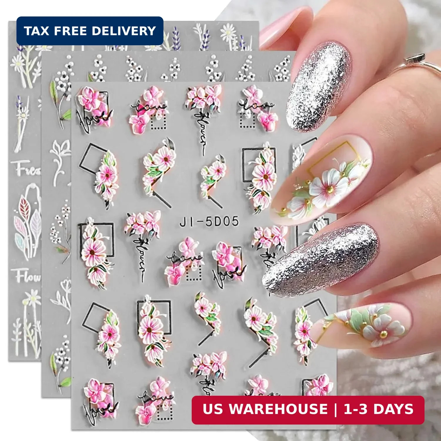 3D Embossed Flower Leaves Nail Art Stickers Decals 4 Sheets 5D Self-Adhesive Peg