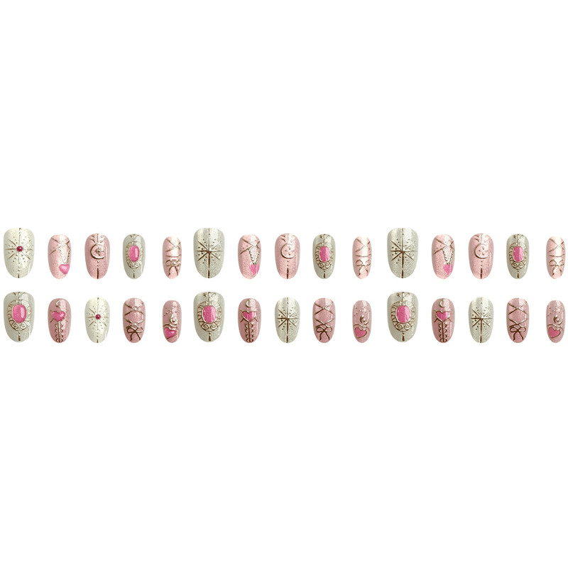 48pcs Short Oval Press on Nails, Nude Pink Rose Gold Heart Gem Elegant Nails