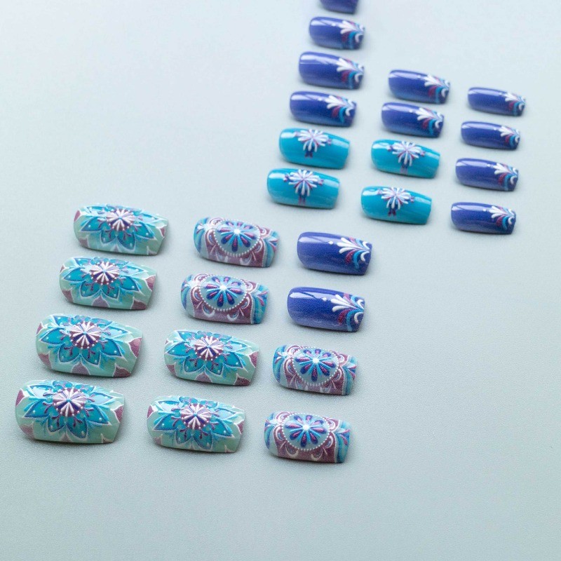 48pcs-Purple Blue Boho Press on Nails, Short Square Mandala Design Fake Nails