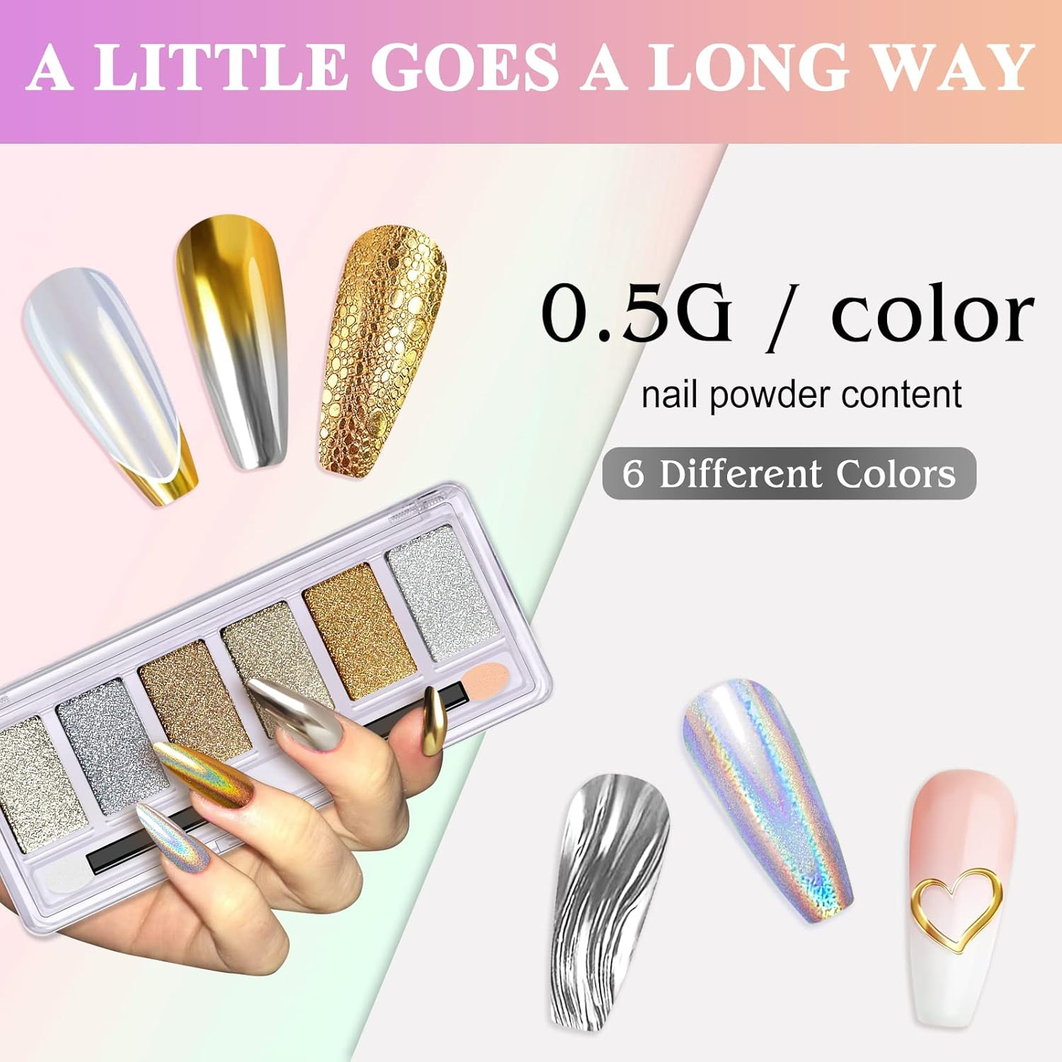 Gold Silver Chrome Nail Powder, 6 Colors Holographic Unicorn Iridescent Nail Chr