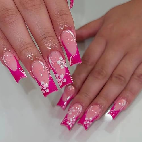 Press on Nails Long Square Fake Nails Glossy Glue on Nails Hot 08005Hot Pink