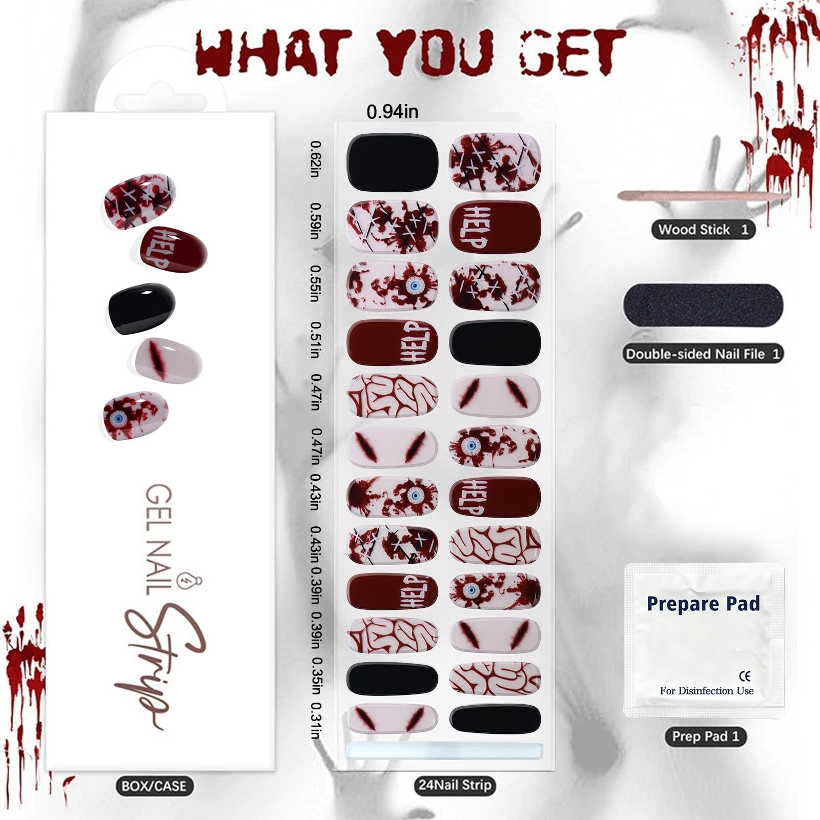 Halloween Semi Cured Nail Strips, 24 Tips Bloody Thrilling Halloween Designs …