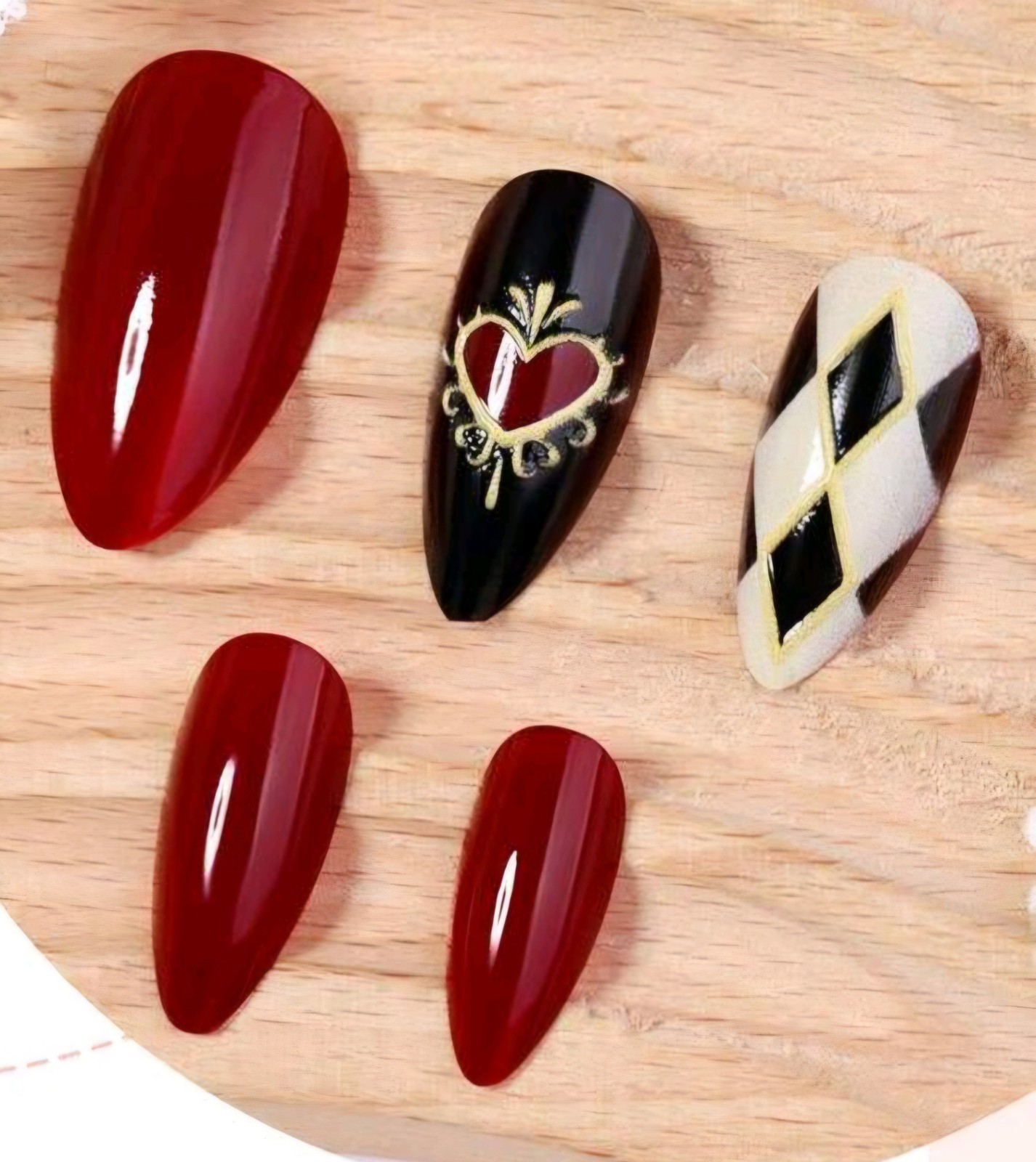 Press-On Nails Harlequin Hearts Black Red & White Valentines Day Medium/Long