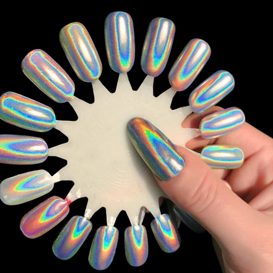 Nail Chrome Powder Rainbow Holographic KIT 15um Super Fine + Silicone Brush DIY