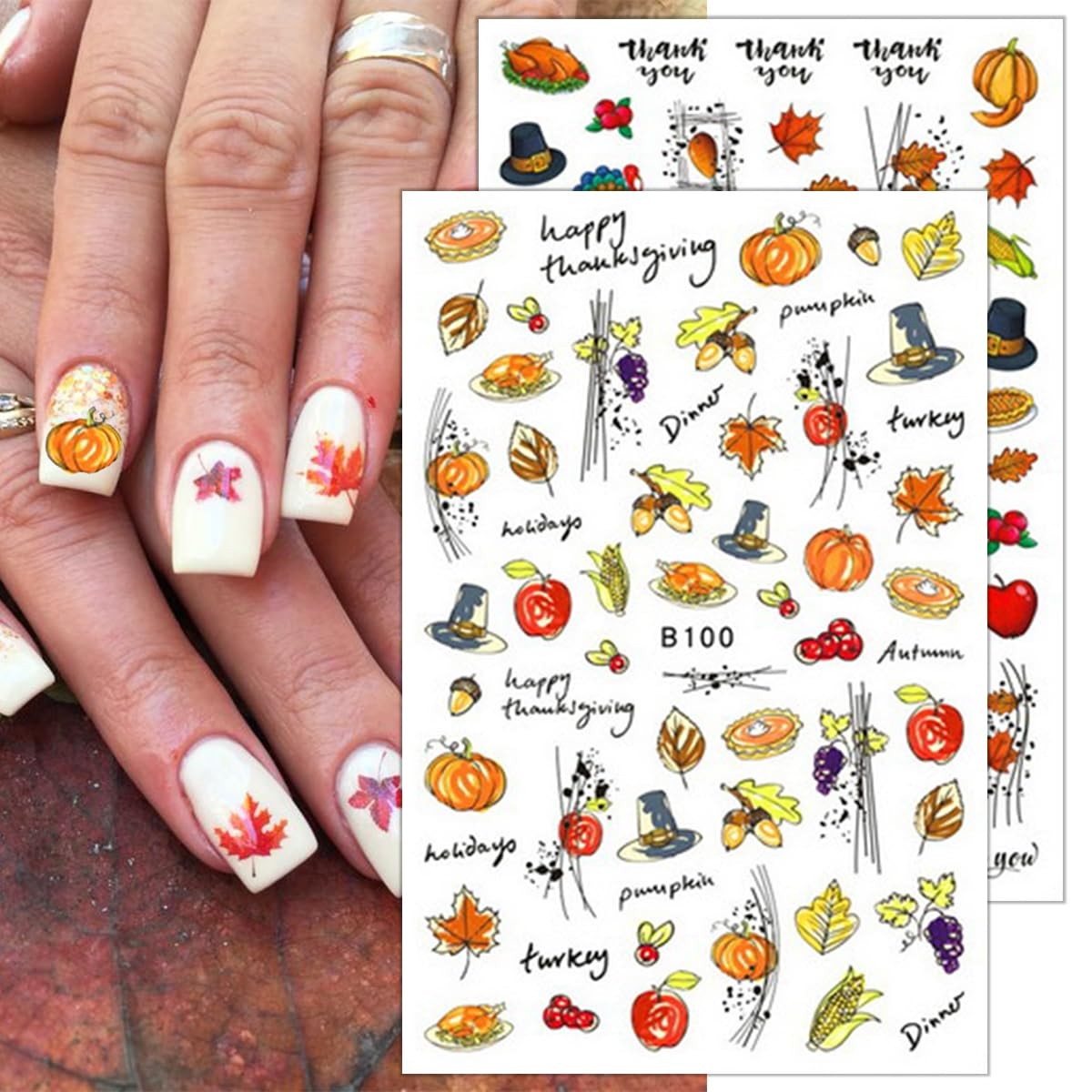 8 Sheets Thanksgiving Nail Decals 3D Self-Adhesive Autumn Multicolour