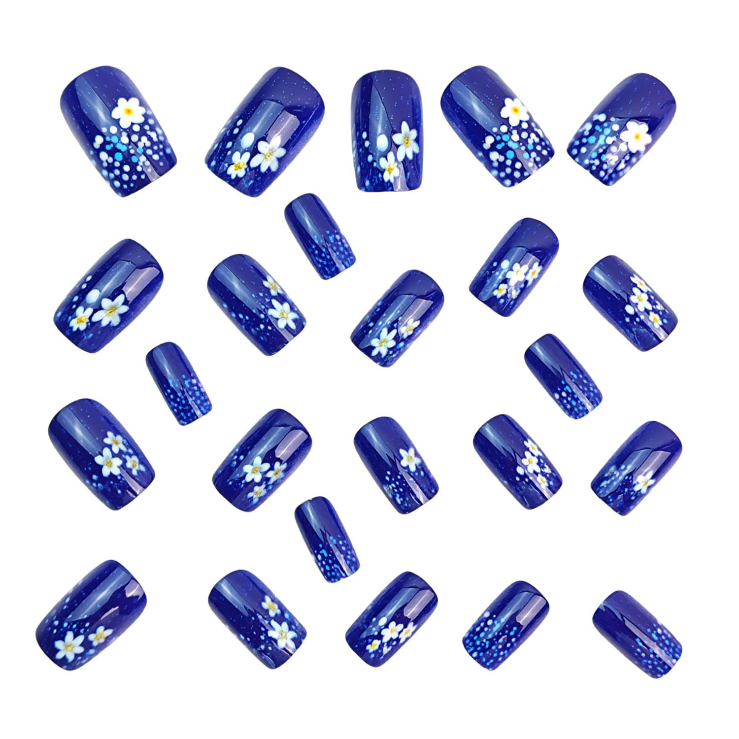 Blue Press on Nails Medium Square Fake Nails with White Flower Design Summer Spr