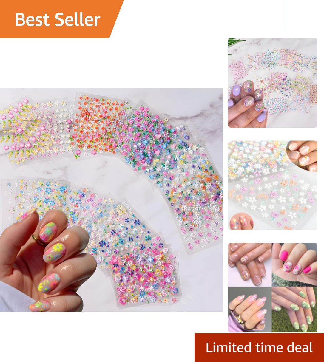 Vibrant 3D Daisy and Heart Nail Stickers – 30 Sheets for Creative Nail Art