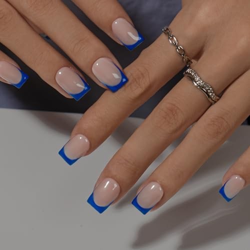 French Tip Press On Nails – Short Square – 30 Pcs – Royal Blue