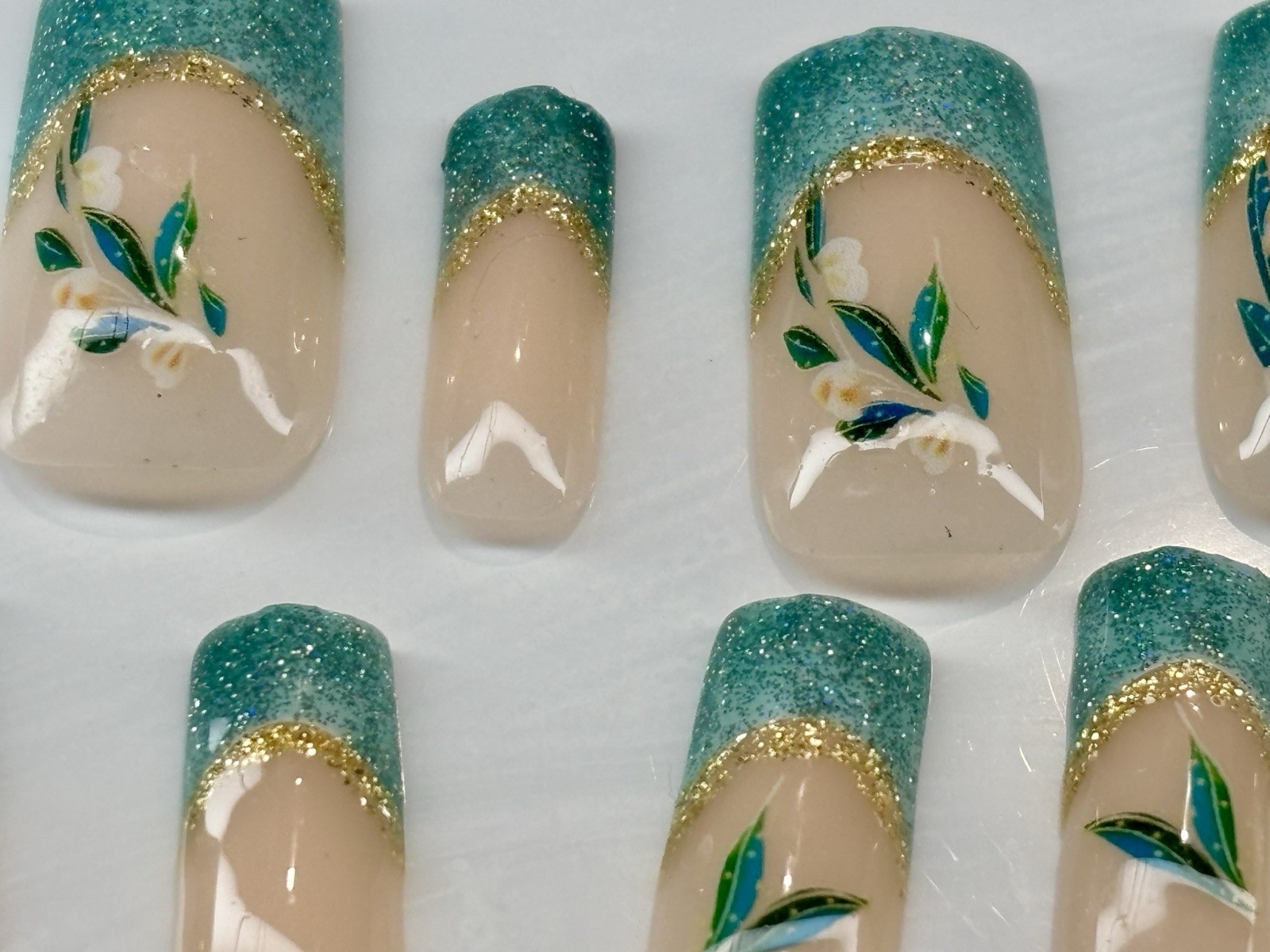 Spring Press On Nails, Nude Floral Square handmade Blue Glitter French ￼