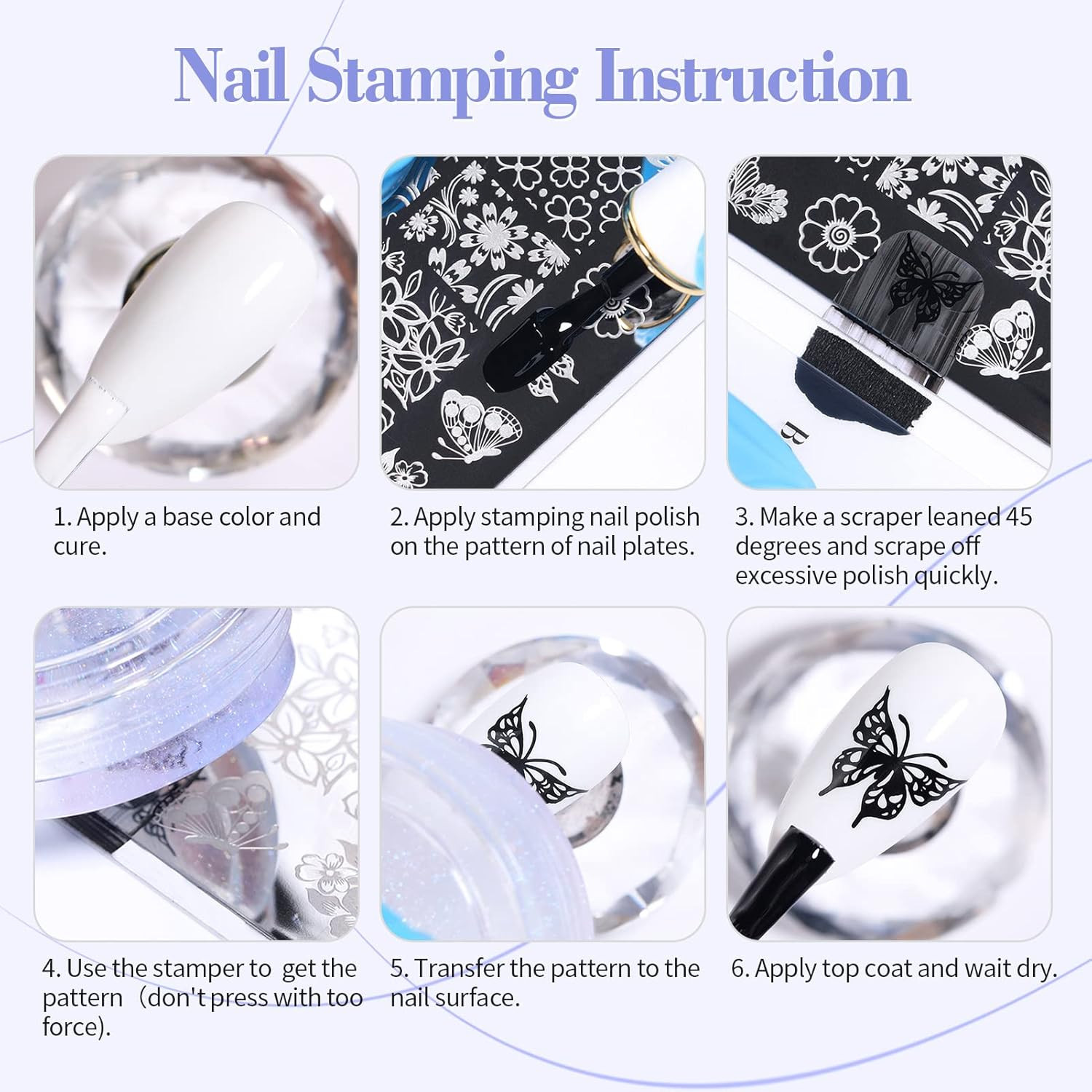 French Tip Nail Stamp, 6PCS Art Stamper with Scrapers, Silicone Stamping Long &