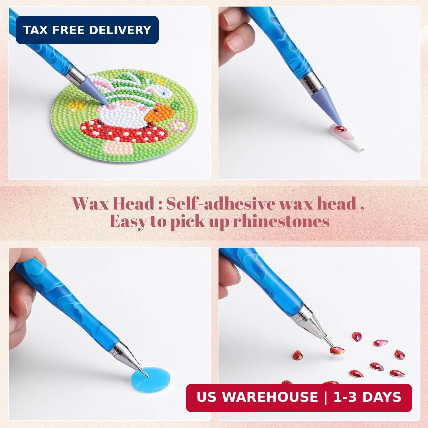 Tatuo 4 Pcs Dual Ended Nail Rhinestone Picker Tool Wax Tip Comfort Rhinestone Pe