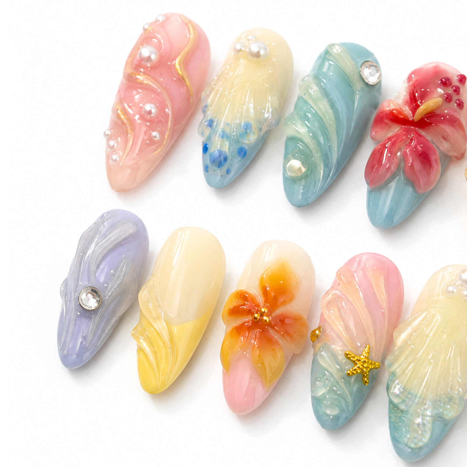 Handmade Pastel Ocean Press On Nails 3D Floral Pearl Seashell Set