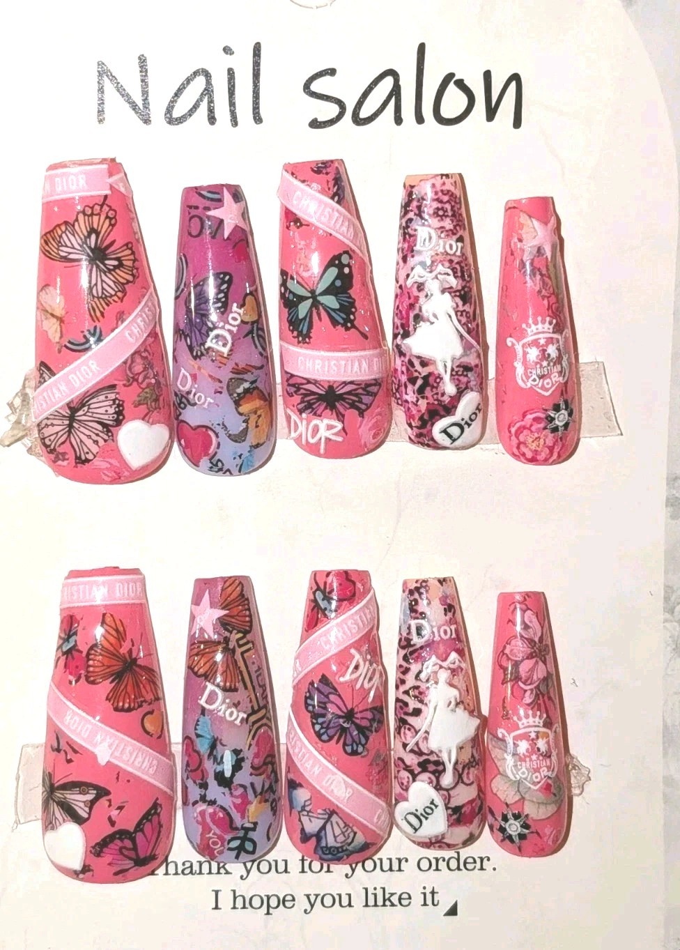 Printed custom decorative 10pc short acrylic press on nails sz large Glue…