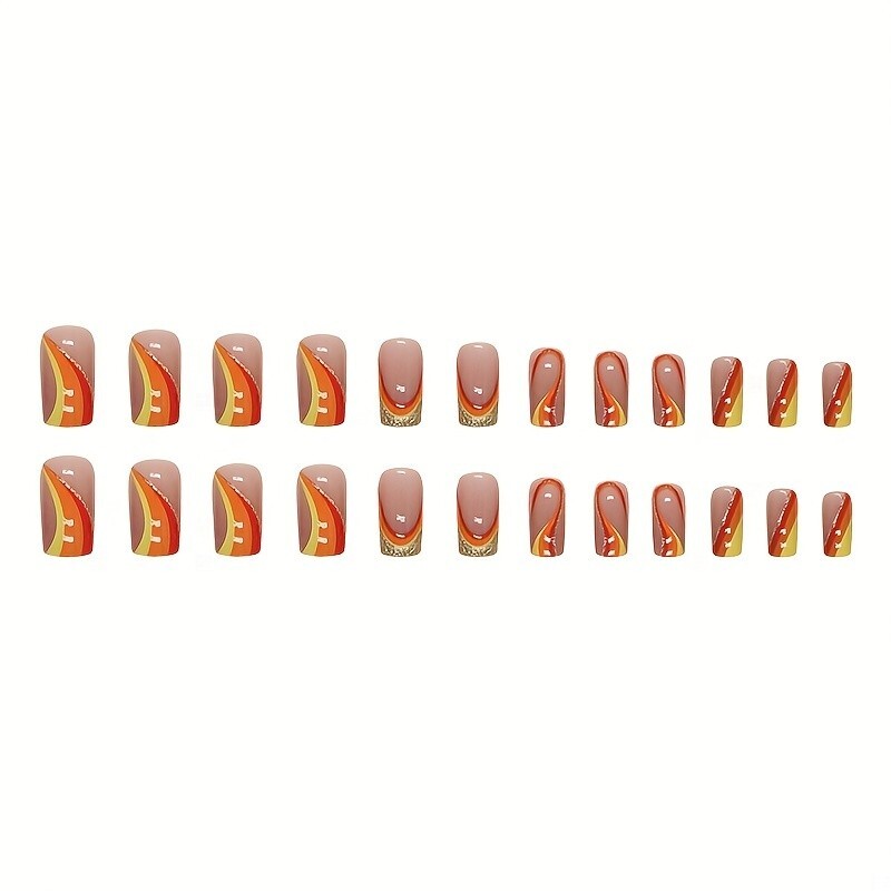 24pcs Vibrant Pumpkin Orange Glossy Square Press-On Nails – Silvery Glitter Stri