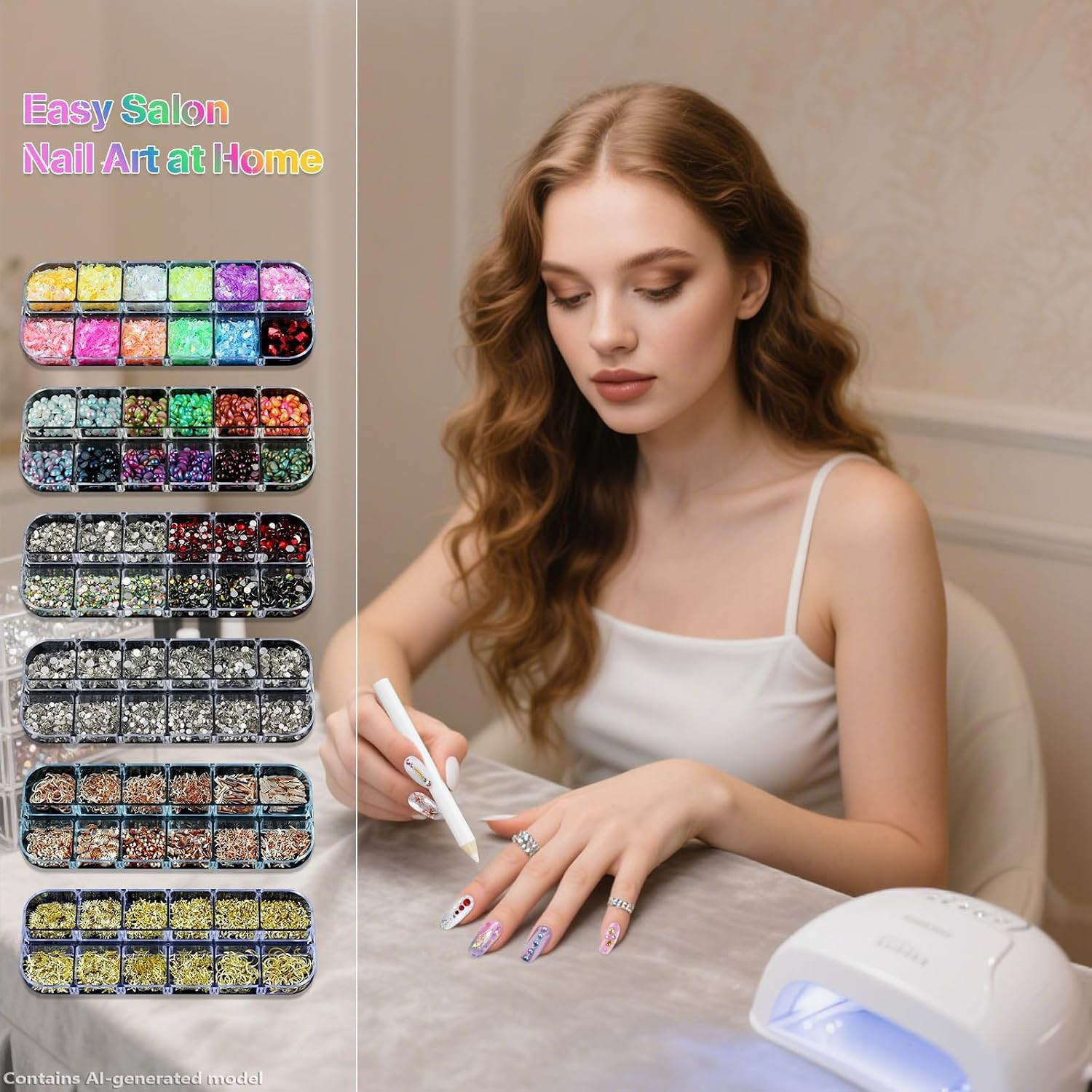 Nail Art Glitter Studs Kit, 6 Boxes Multicolor and Design 3D Charms with 15 Shee