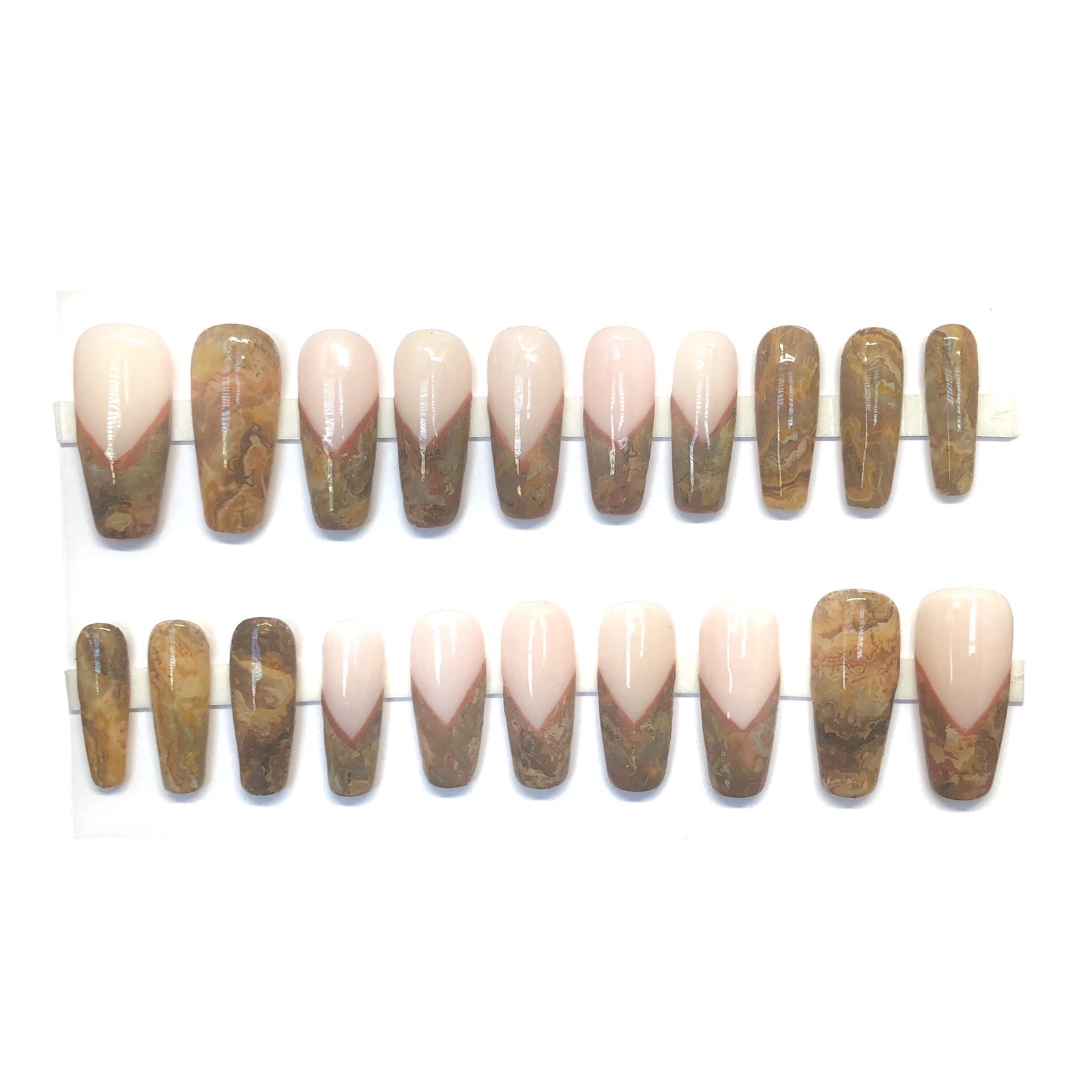 Custom Handmade Press On Nails Long Coffin Milky White Brown French Marble Nails