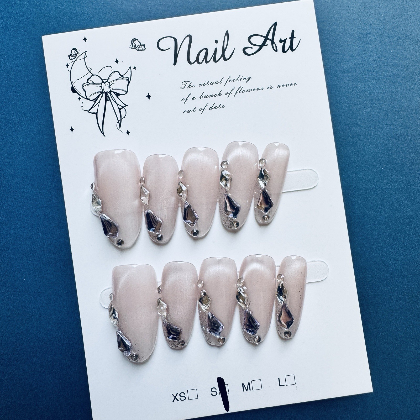 Press-On Nails Square Medium Pink/Black/Silver Shimmer Rhinestone Full Cover