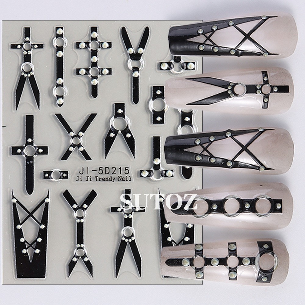 Nail Art Stickers Black Relief Belt Bondage Gothic Stiletto French Decals NH27
