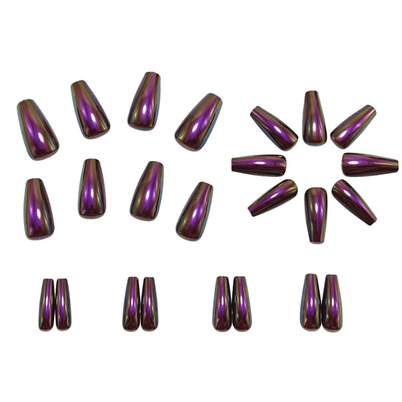 48Pc Coffin Purple Black Mirror Press on Nails Metallic Shiny Party Stylish Wear