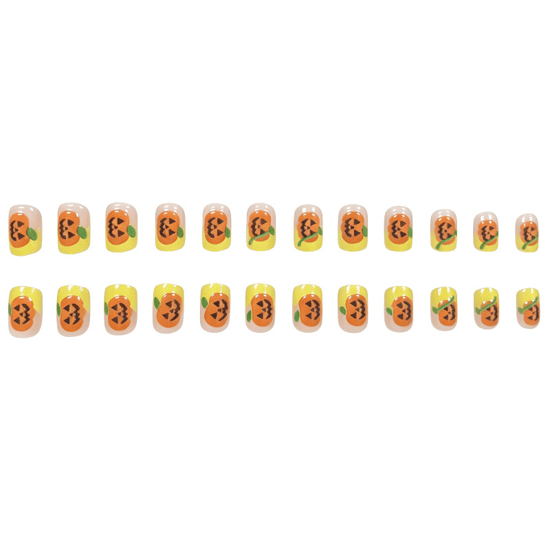48Pcs-Short Square Neon Yellow French 3D Pumpkin Halloween Press on Nails