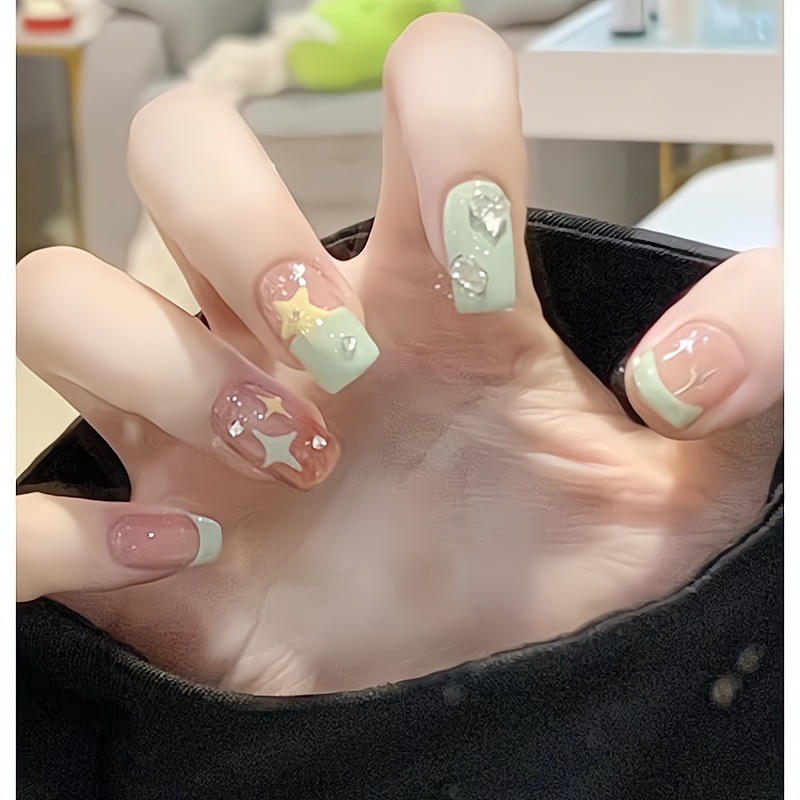 48pcs Mint Green French Star Wearing Armor Medium Short Press On Nails Gift