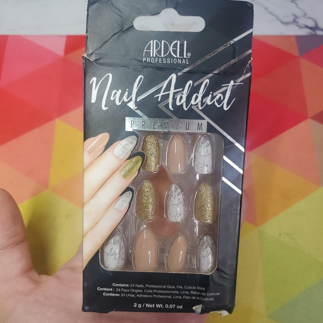 Ardell Professional Nail Addict Premium 24 Nails ~ Pink/Marble/Gold Glitter NEW