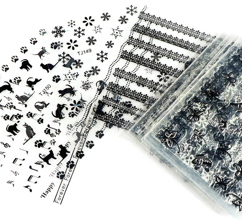 Nail Art Black White Foil Stickers Love Heart Flower Butterfly Back Glue 30 Pcs