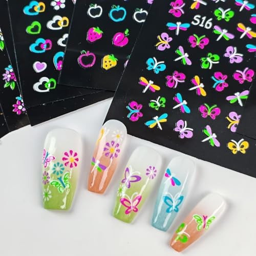 30 Sheets Fluorescent Daisy Nail Art Sticker 3D Colorful Fruit Self- Red Heart