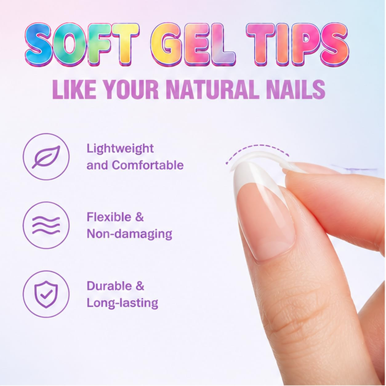 French Almond Press on Nails, Nude Soft Gel Fake Nails with White Tips, Easy App