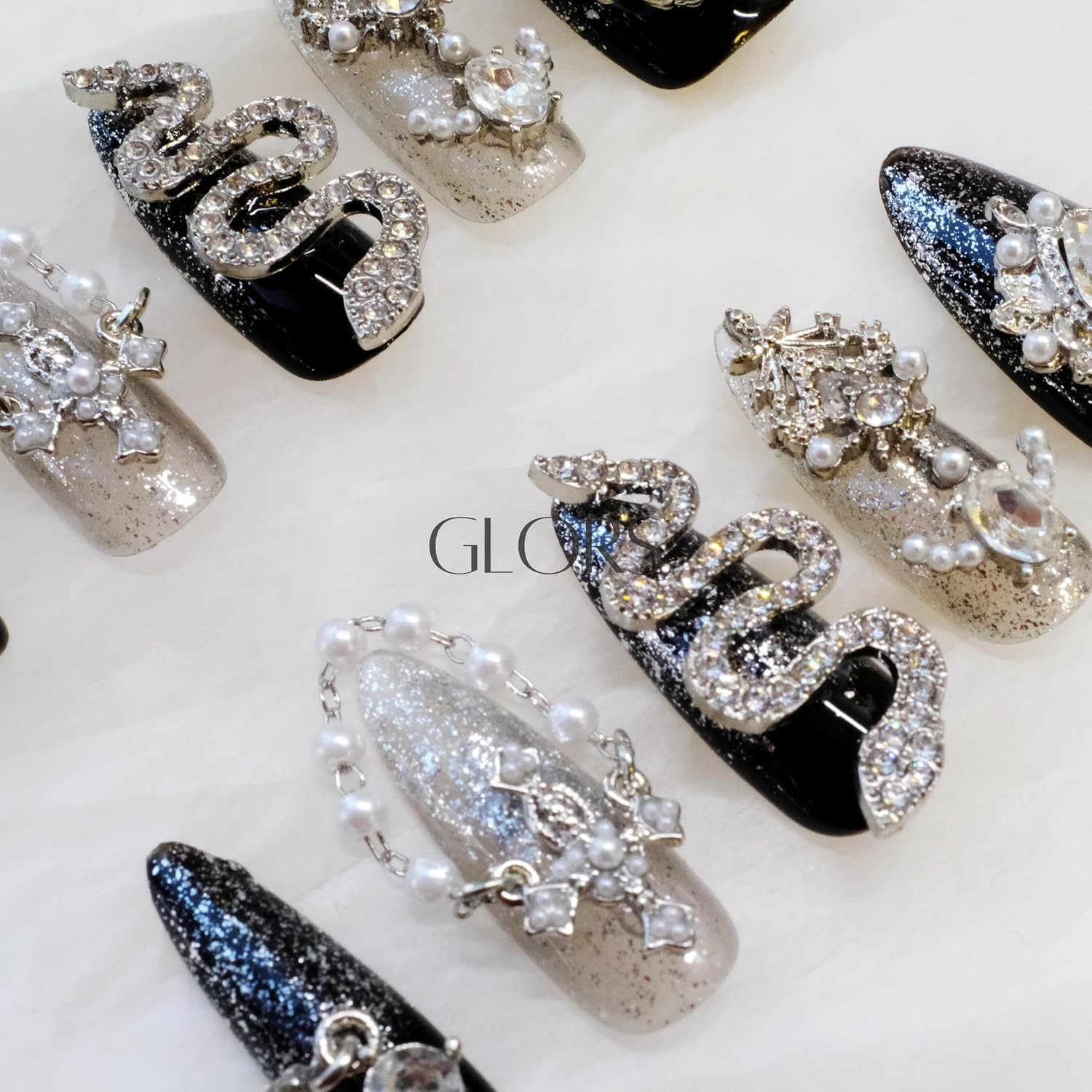 GLORS Luxury Long Almond Press-On Nails, Black/Silver Glitter, 10 Pcs